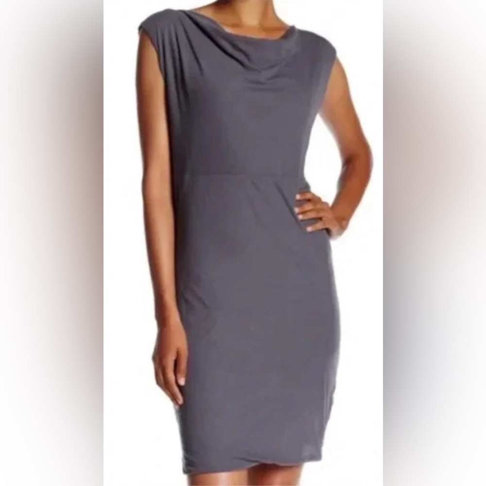 James Perse Blue-Gray Soft Drape Fitted Midi Dress